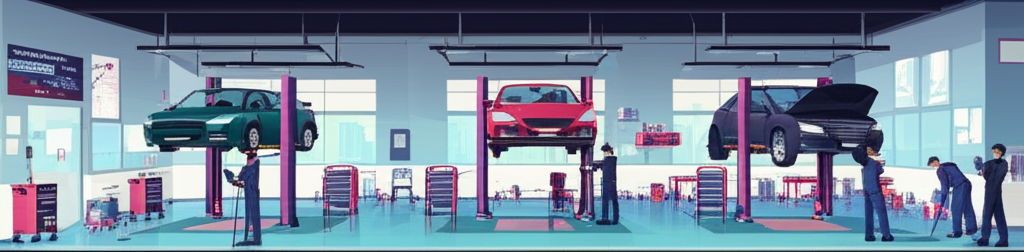 Modern automotive service center with professional mechanics